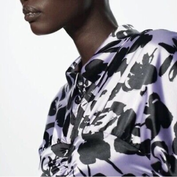 Zara The Dita Satin Ruched Long Sleeve Shirt Dress Lavender Black Floral XXL NWT - Picture 4 of 13